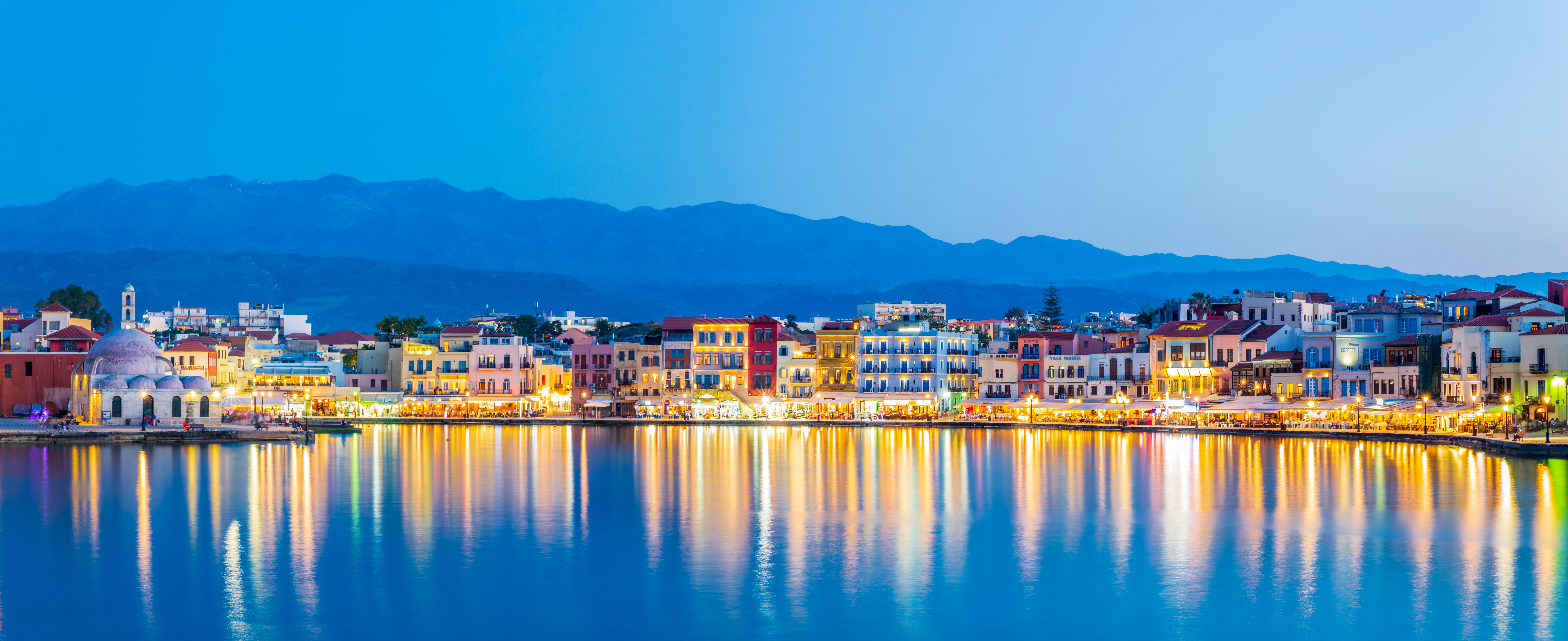 Panoramic view of The Venetian Harbour at dusk, Chania